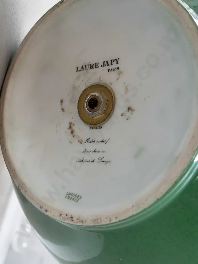 Laure Japy / Limoges France green ceramic table lamp in shape of lidded jar - fruit motifs, with mustard colour shade Image 1++
