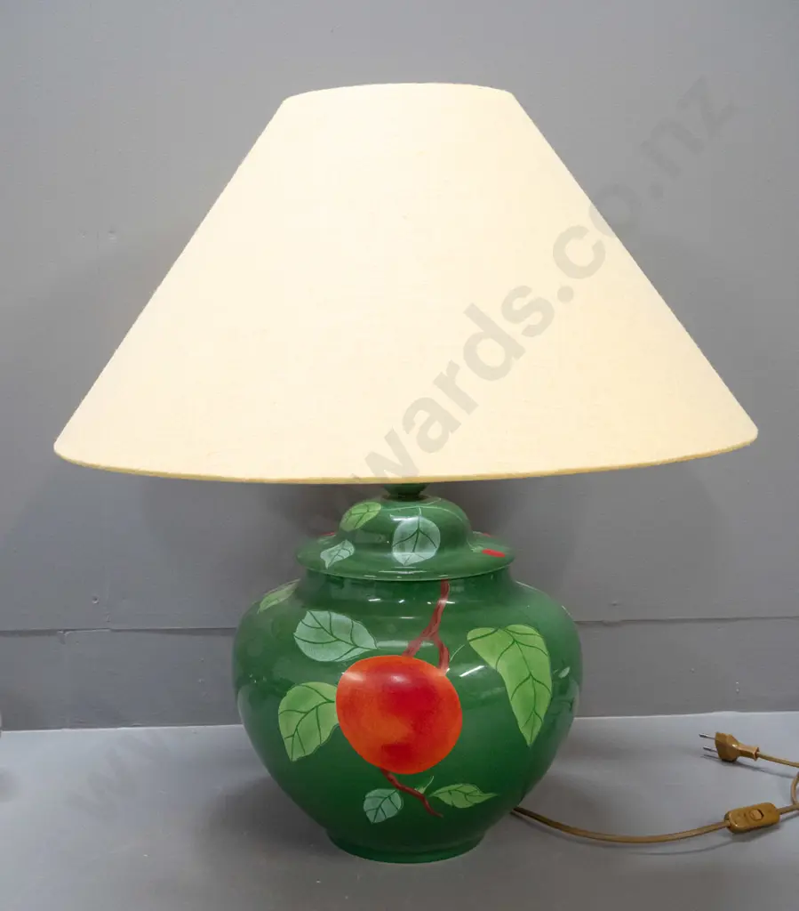 Laure Japy / Limoges France green ceramic table lamp in shape of lidded jar - fruit motifs, with mustard colour shade Image 1++