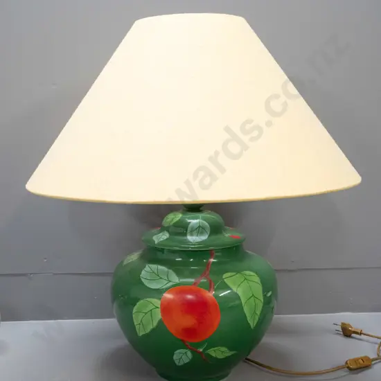 Laure Japy / Limoges France green ceramic table lamp in shape of lidded jar - fruit motifs, with mustard colour shade