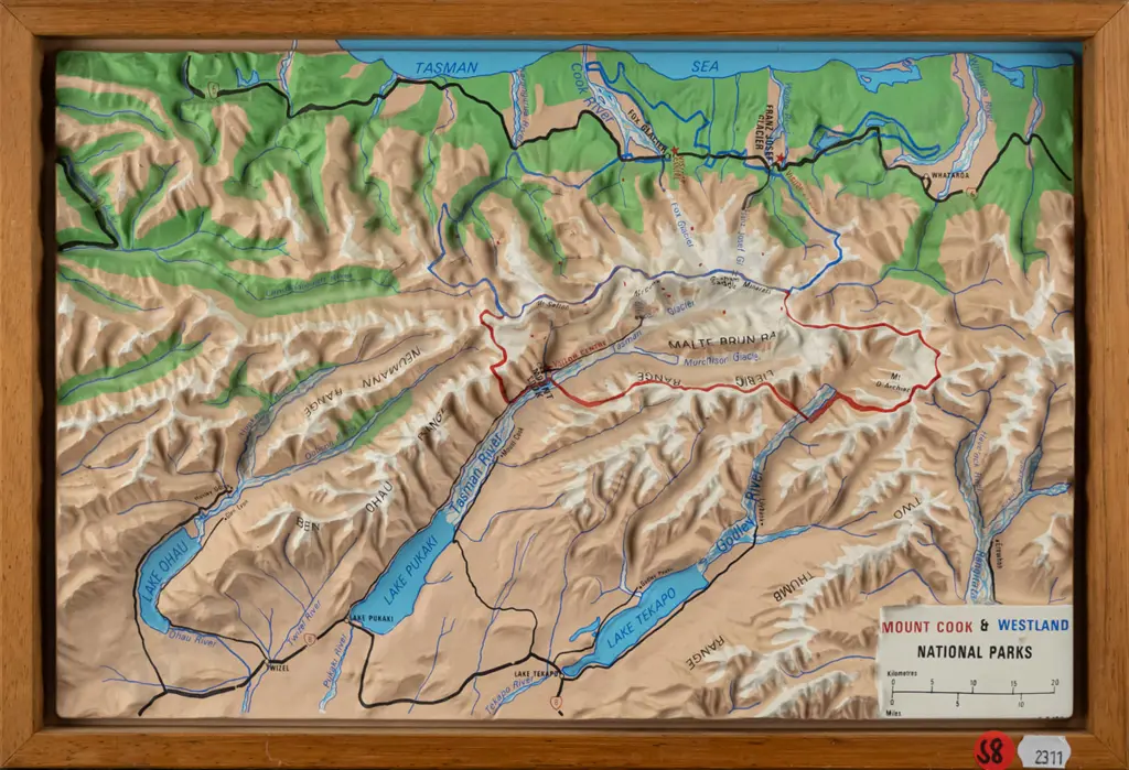 framed plastic 3D map of Mount Cook and Wesdtland Overall H-260 W-380 Image 1++