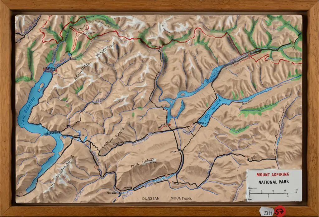 framed plastic 3D map of Mount Aspiring National Park Overall H-260 W-380 Image 1++