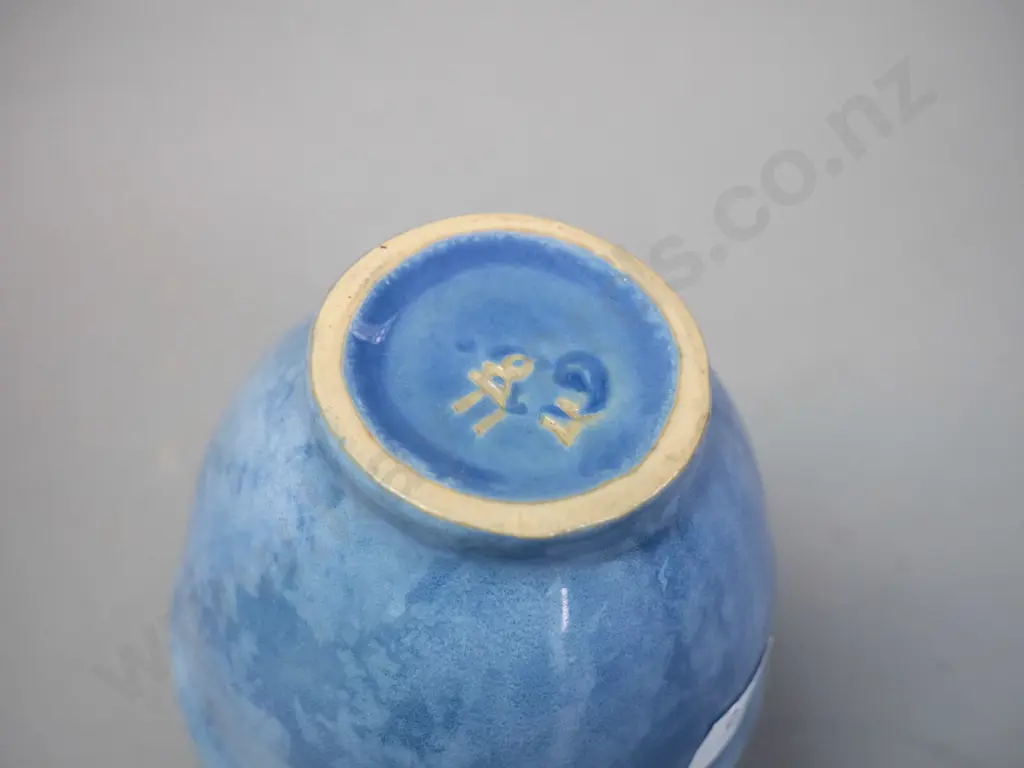 4 assorted pottery vases - red and green with asian character mark, small blue, etc - crackle textured comport shape is Image 1++