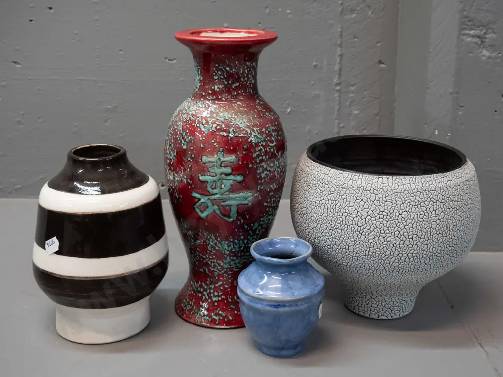 4 assorted pottery vases - red and green with asian character mark, small blue, etc - crackle textured comport shape is Image 1++