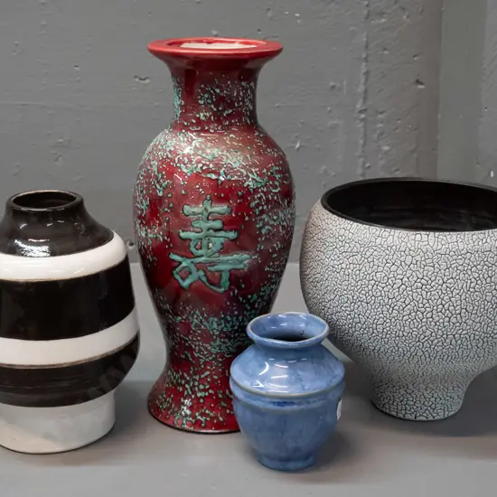 4 assorted pottery vases - red and green with asian character mark, small blue, etc - crackle textured comport shape is