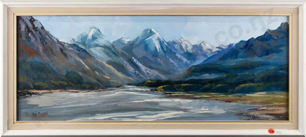 Fay Mitchell - framed oil - lake and mountain scene H-220 W-570 Image 1++