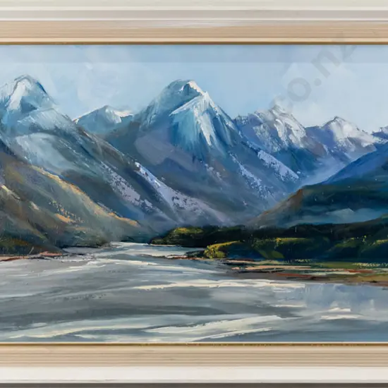 Fay Mitchell - framed oil - lake and mountain scene H-220 W-570
