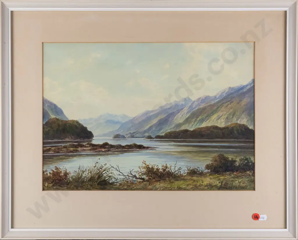 illegible signature - framed watercolour -lake and mountain H-290 W-410 Image 1++