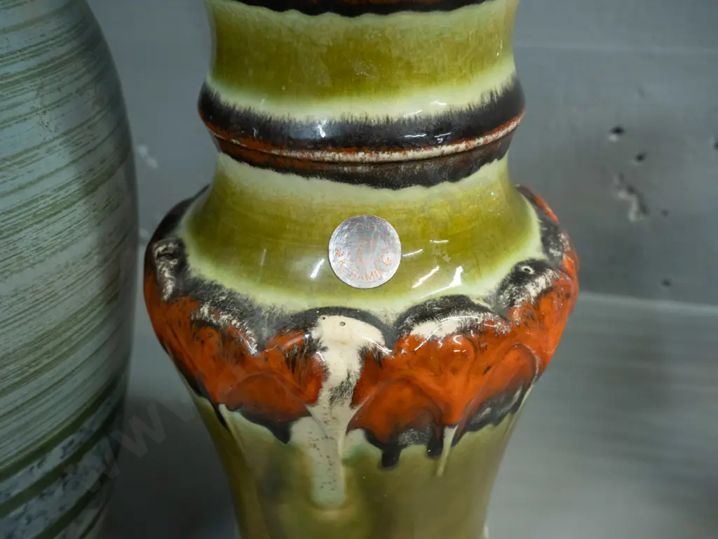3 vases - 2 German pottery moulded relief pattern and a large one w/some sticker residue, hard to read mark H-380 D-190 Image 1++