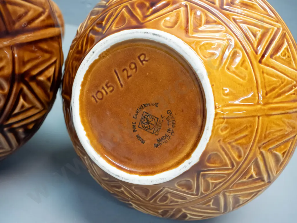 2 large "Celtic" Irish pottery jugs with incised geometric diamond patterns, slightly different brown tones, slightly Image 1++
