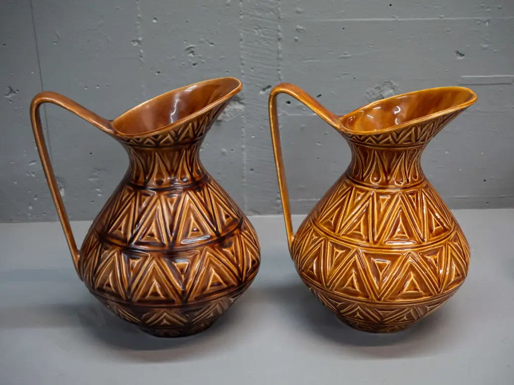 2 large "Celtic" Irish pottery jugs with incised geometric diamond patterns, slightly different brown tones, slightly Image 1++