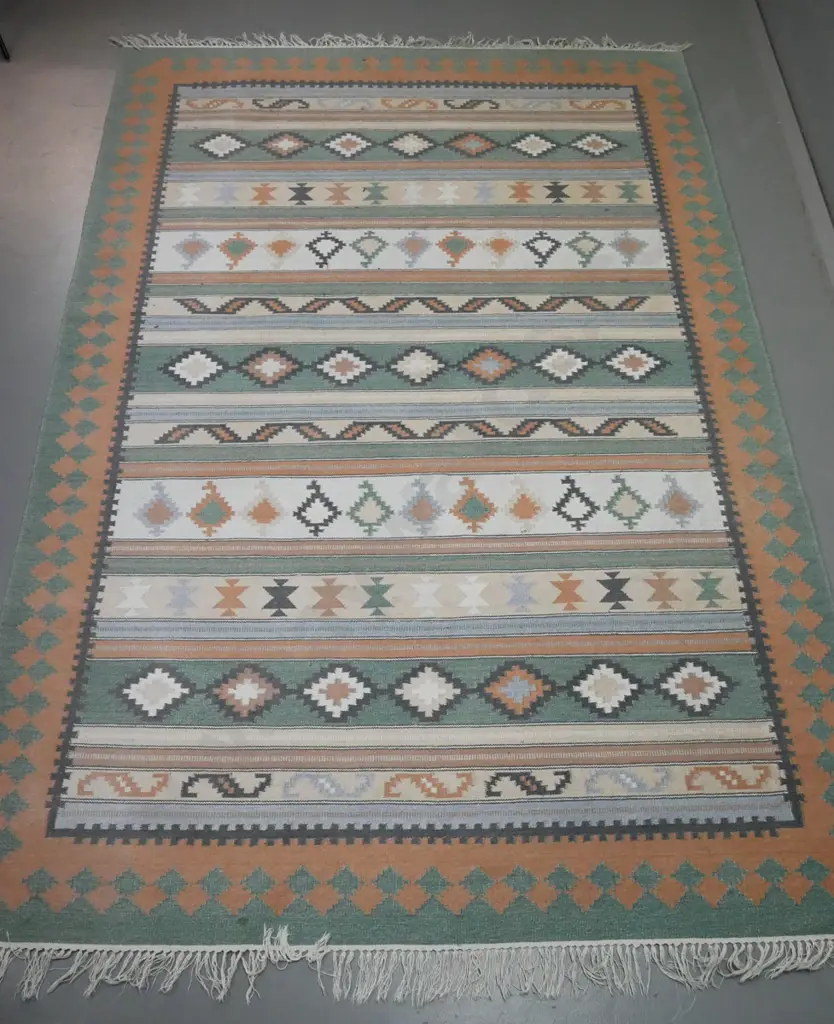 Kilim style wool floor rug - pastel blue, green and terracotta - some light stains L-2700 W-1820 Image 1++