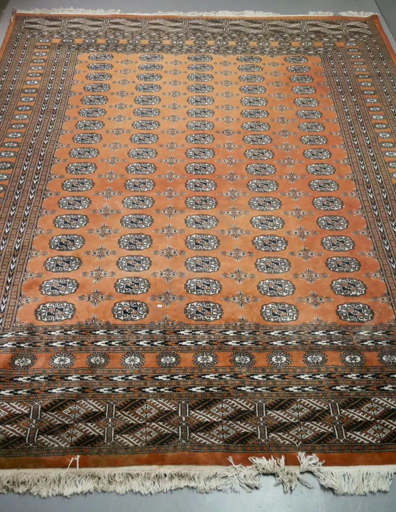 Persian style hand-knotted wool floor rug - faded red/orange with black and ivory - fraying, fading and stains L-3100 Image 1++