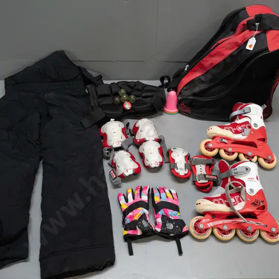 Red M-oro roller skate bag. Contains Roller skates , jacket, DVD and protective gear.