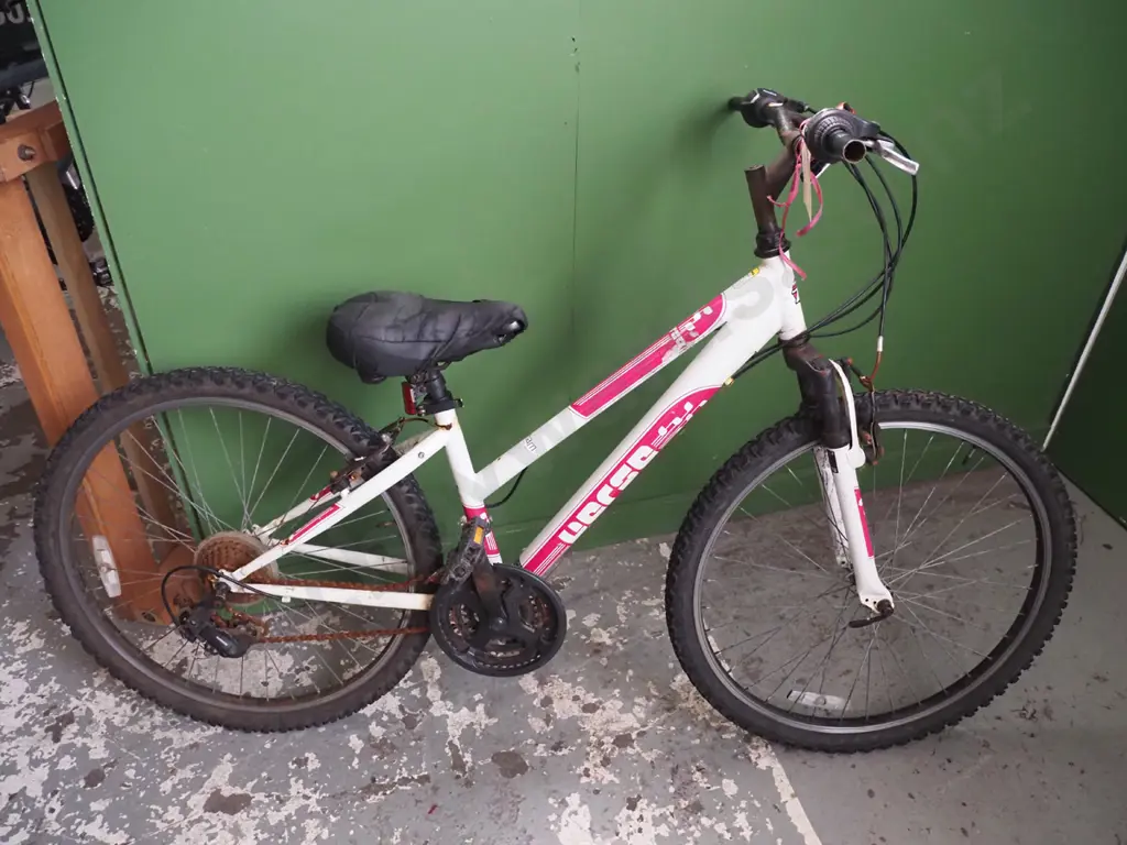 White/pink bike, very rough looking, wide saddle, knobbly tyres, straight handles Image 1++