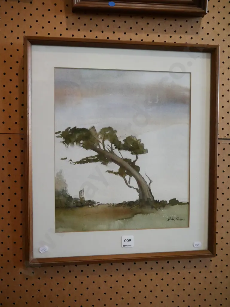 Hilda Rivers framed watercolour - lone tree Image 1++