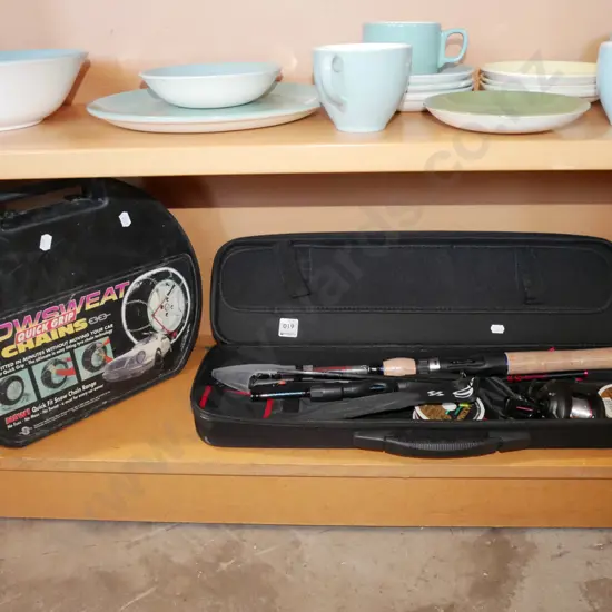 snow chains, small portable fishing rod set
