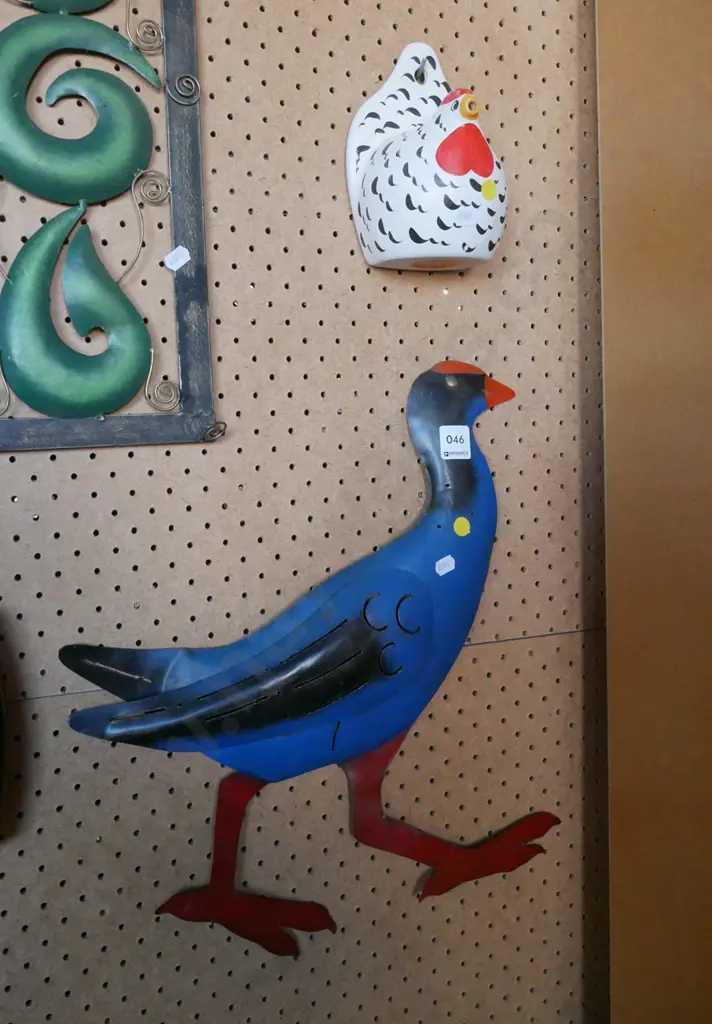 wall mounted Happy Hen, pressed tin pukeko - yellow dots Image 1++