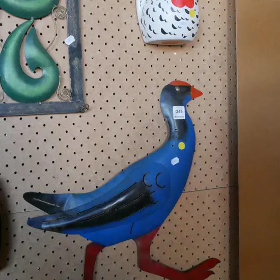 wall mounted Happy Hen, pressed tin pukeko - yellow dots