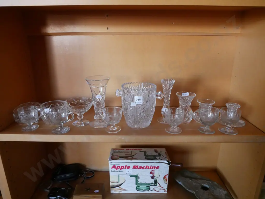 shelf; crystal ice bucket, vases, comports, cups Image 1++