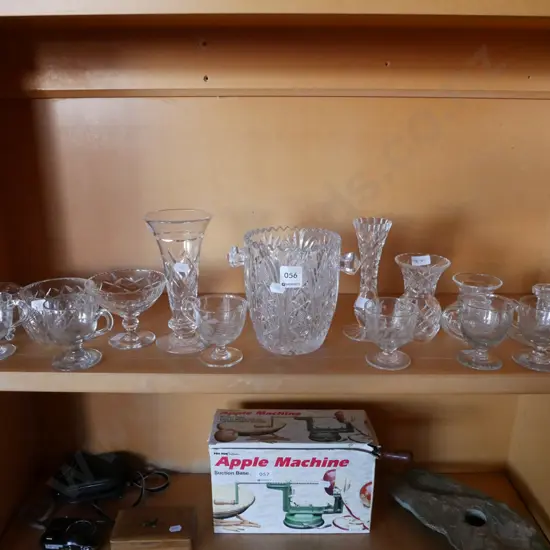 shelf; crystal ice bucket, vases, comports, cups