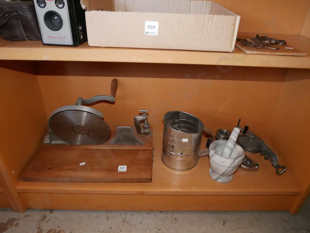 bench top slicer, flour sifter, mortar and pestle etc Image 1++