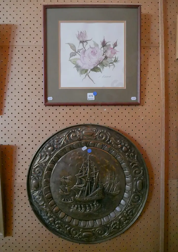 framed watercolour - roses, pressed brass wall charger - blue dots Image 1++
