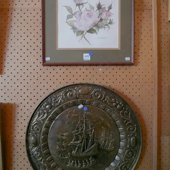 framed watercolour - roses, pressed brass wall charger - blue dots