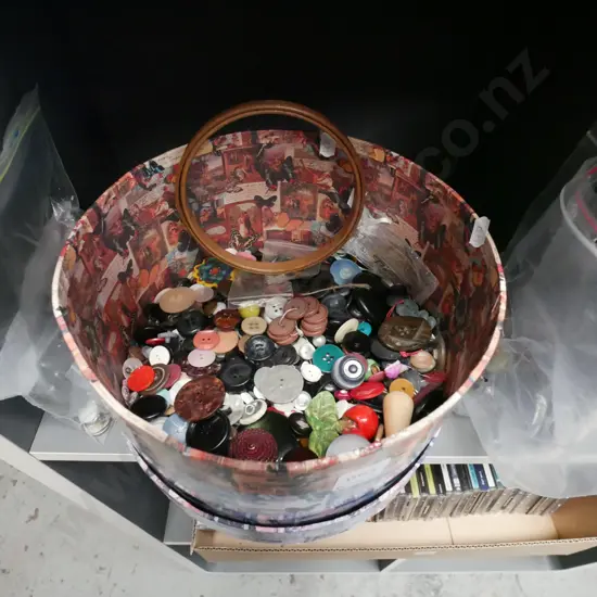 hat box, buttons, small embroidery hoop