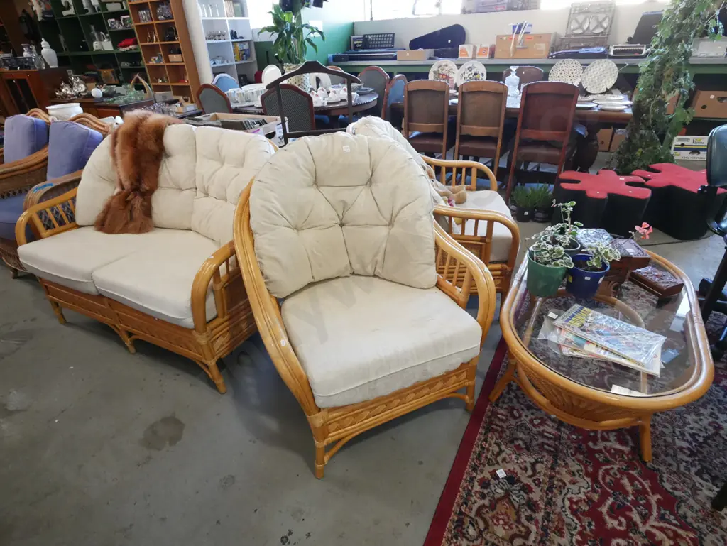 4 piece cane and bamboo patio suite - deep buttoned cushions - some rips, stains Image 1++