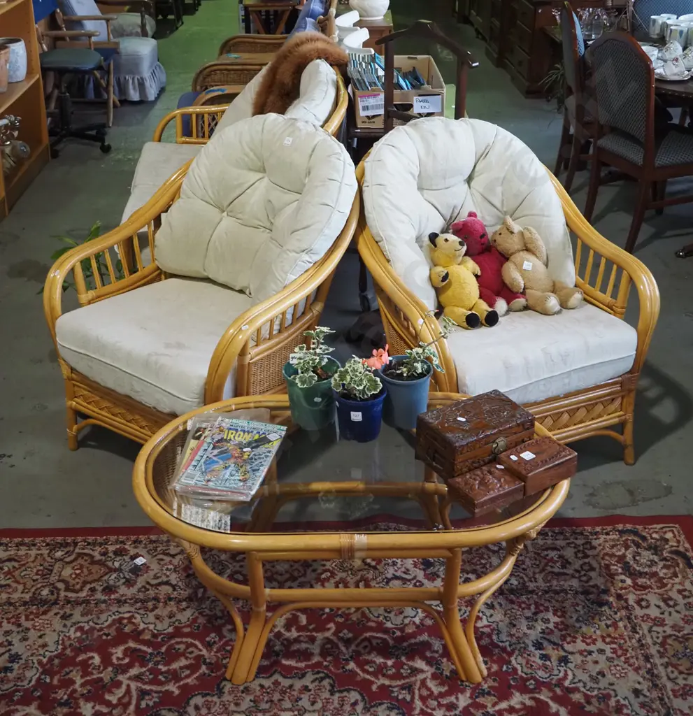 4 piece cane and bamboo patio suite - deep buttoned cushions - some rips, stains Image 1++