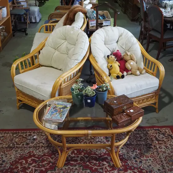 4 piece cane and bamboo patio suite - deep buttoned cushions - some rips, stains