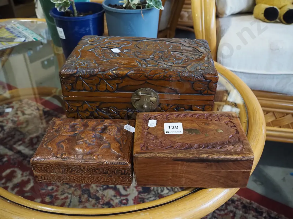 2x carved wooden trinket boxes, 1x leather embossed cigarette case Image 1++
