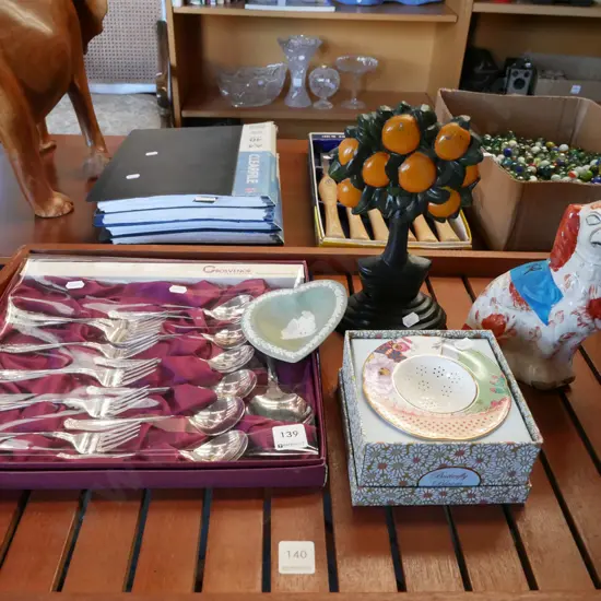 cutlery set, tea strainer, cast iron doorstop etc