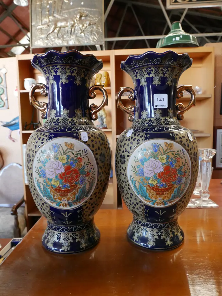 pair of cobalt blue and gold vases H-360 Image 1++
