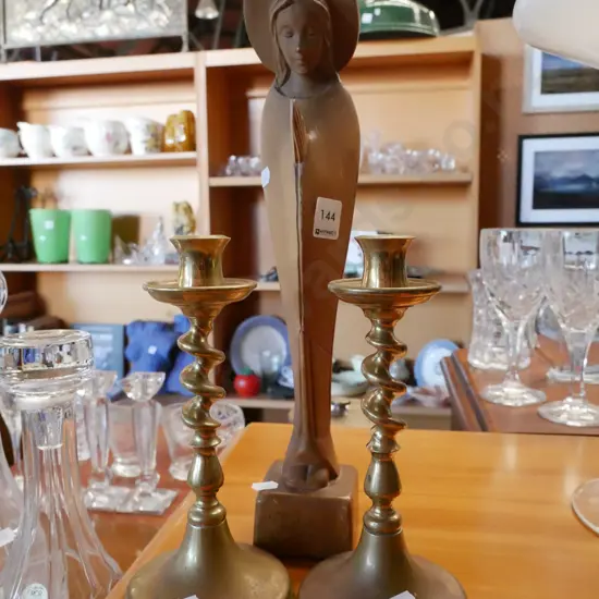 2x brass barley twist candlesticks, religious figurine H-390