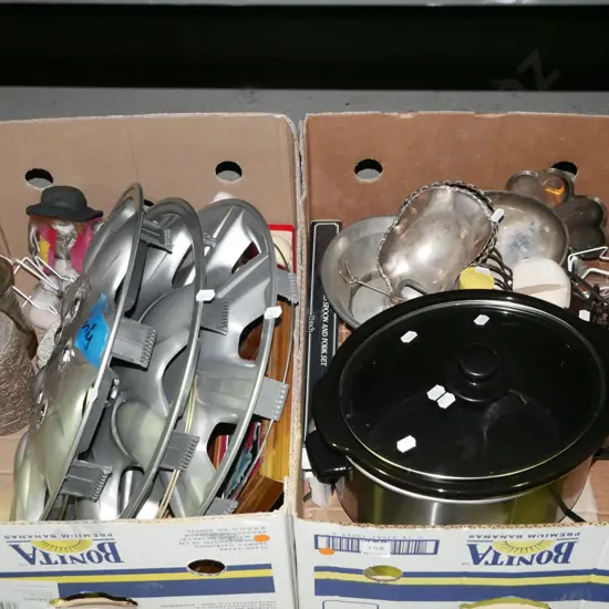 2x boxes; hub caps, plated ware, slow cooker - orange dots