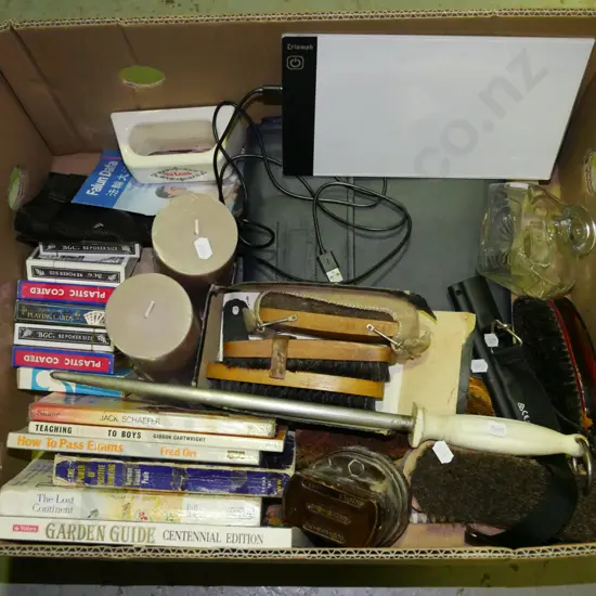 box; playing cards, shoe brushes, books etc