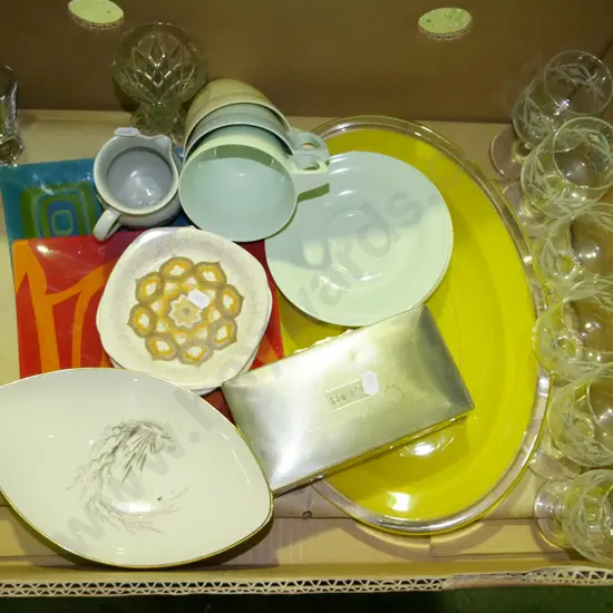 box; wine glasses, Duraware cups and saucers, bowls etc