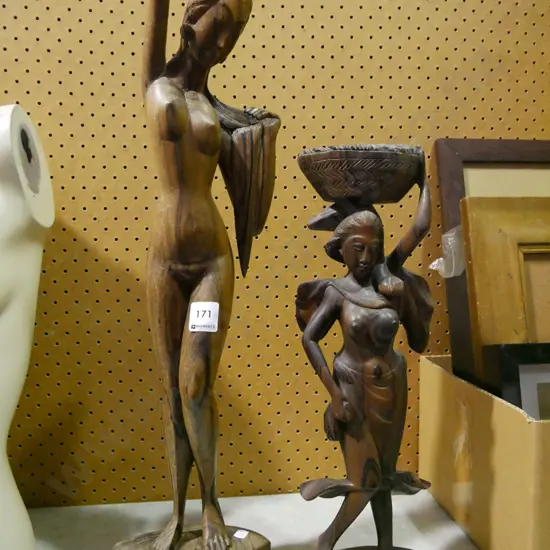 2x carved wooden female figurines H-570