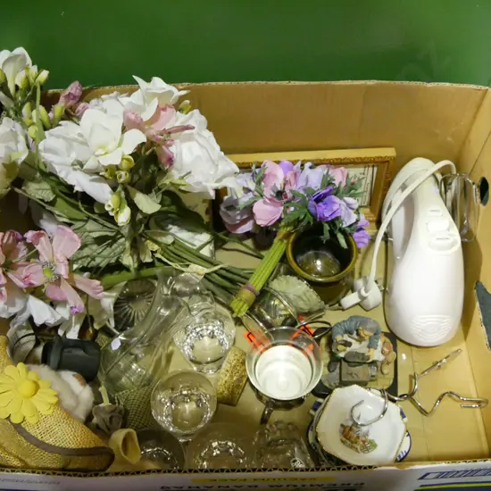 box; small cut crystal tumblers, faux flowers etc