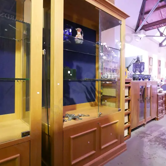 large wood and heavy glass lockable display cabinet - 2x solid and 2x glazed doors
