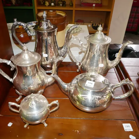 plated coffee pot, tea pot, lidded sugar