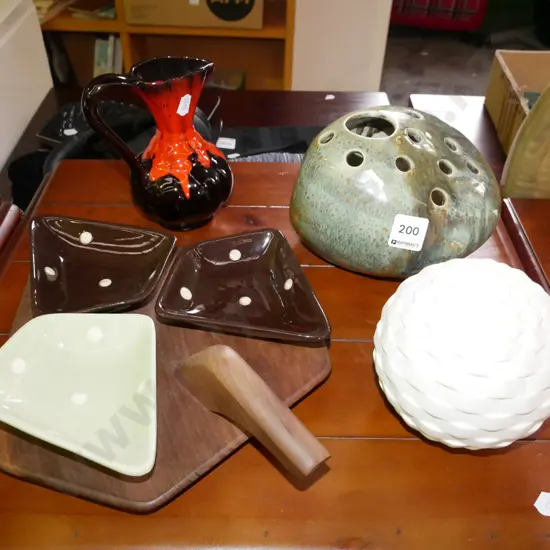 unusual pottery vase, jug, white ceramic ball, English 3 bowl serving dish