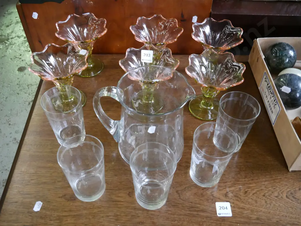 3x green and pink glass comports, etched Edwardian water set - missing 1 glass Image 1++