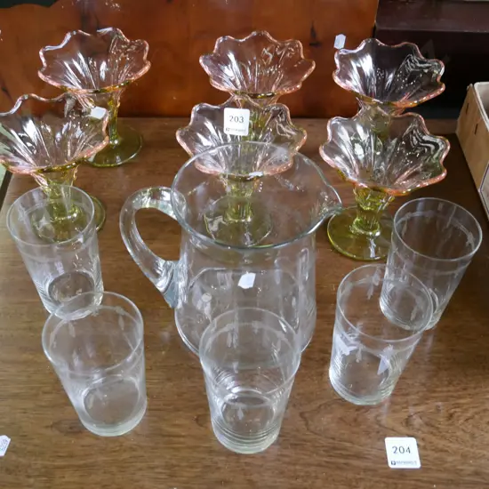 3x green and pink glass comports, etched Edwardian water set - missing 1 glass