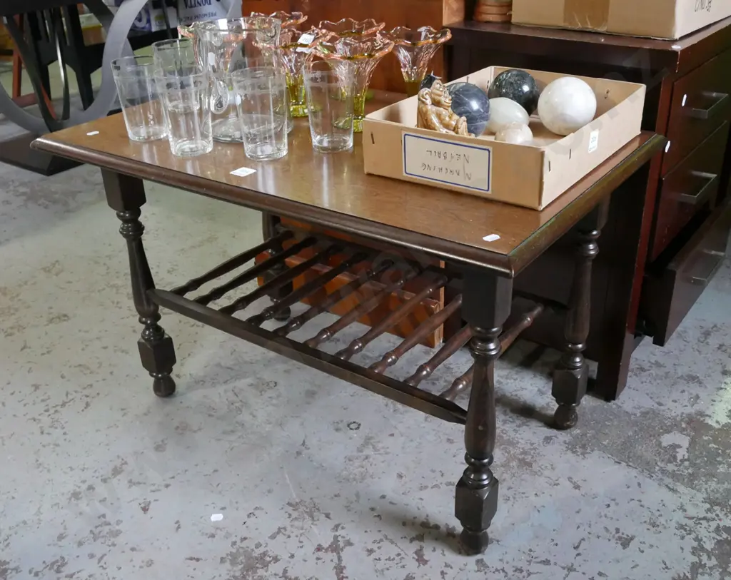 mdf mahogany veneer coffee table with turned wood magazine rack H-500 W-800 D-500 Image 1++