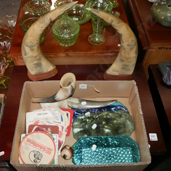 box; coloured glass panes, coasters, carved horn ornaments etc