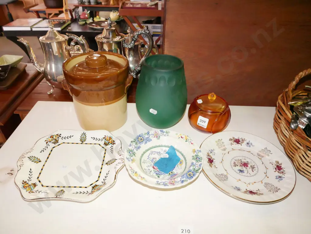 small lidded storage crock, amber glass cover pot, plates Image 1++