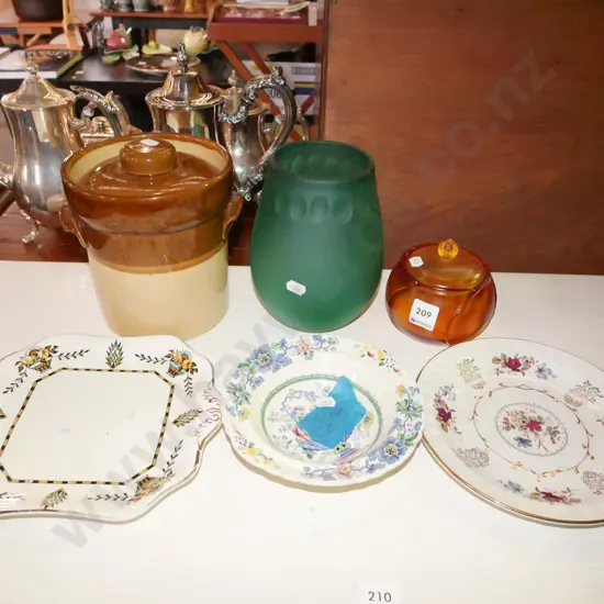 small lidded storage crock, amber glass cover pot, plates