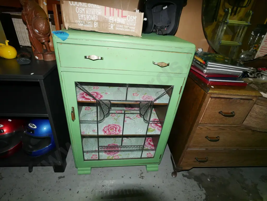 green painted deco china cabinet - leadlight door Image 1++